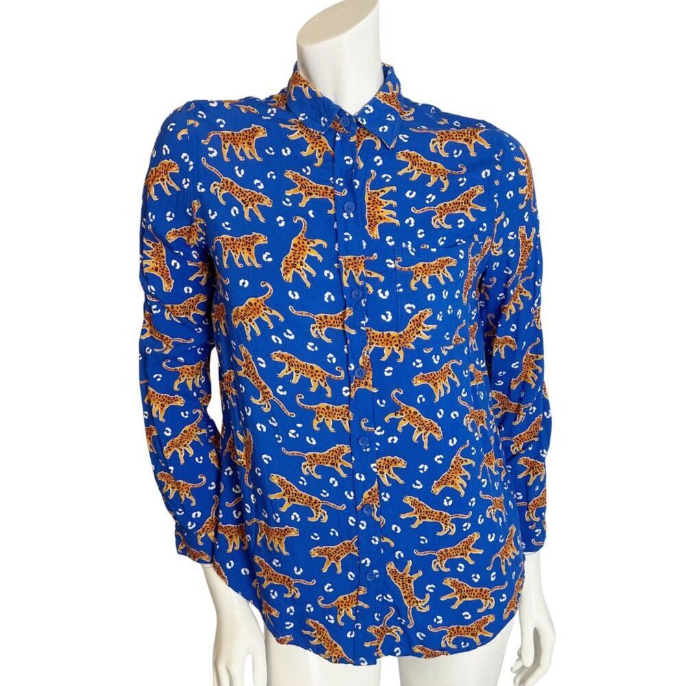 BeachLunchLounge Blue Leopard Animal Long Sleeve Button Up Blouse Women's Size S